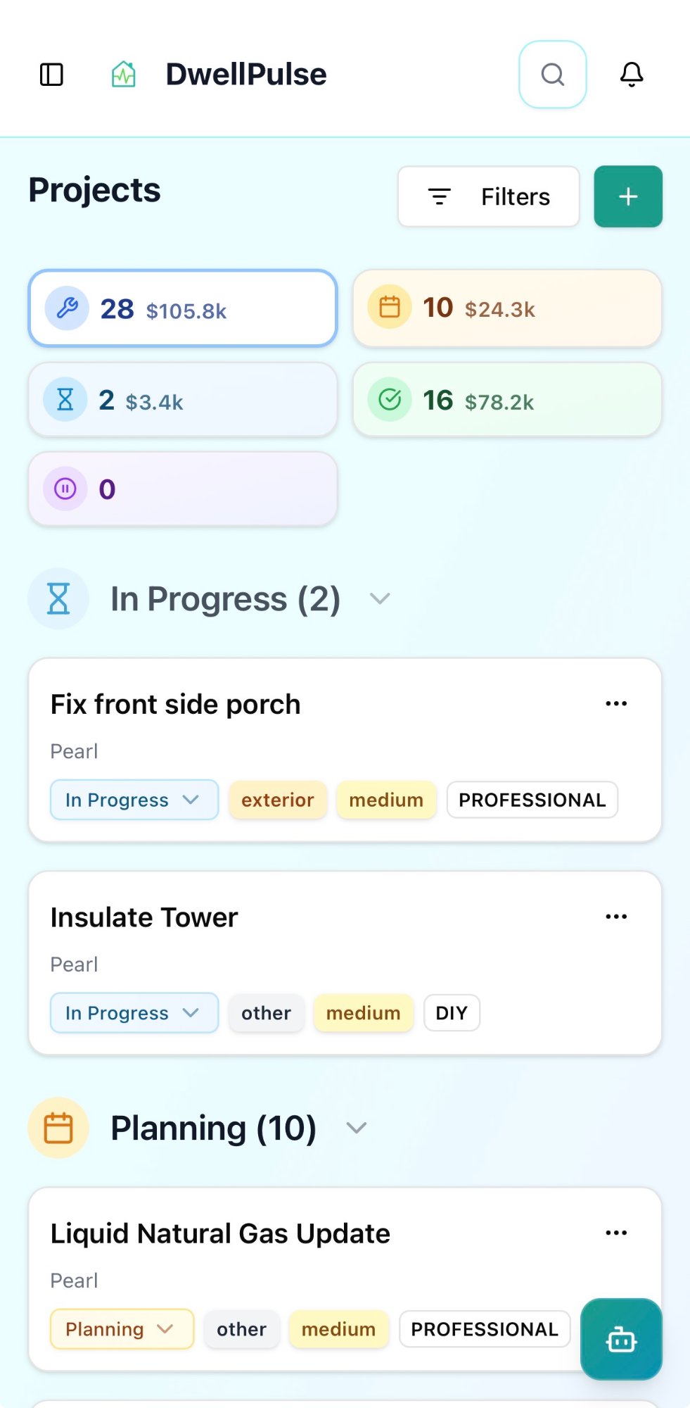 DwellPulse project management with budget tracking and status